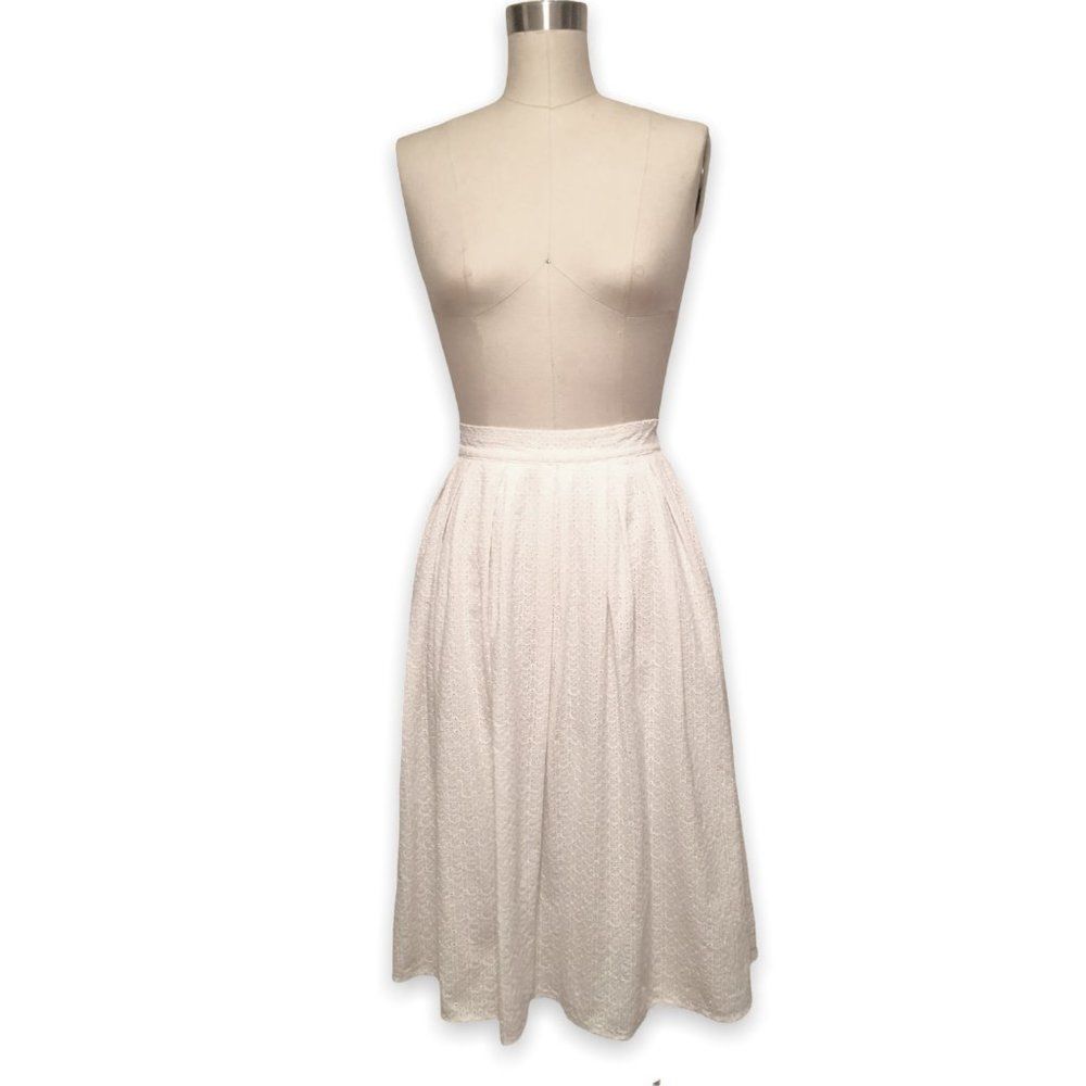 Zara Embroidered Eyelet White Cotton High-Waisted Midi A-Line Skirt, Size XS